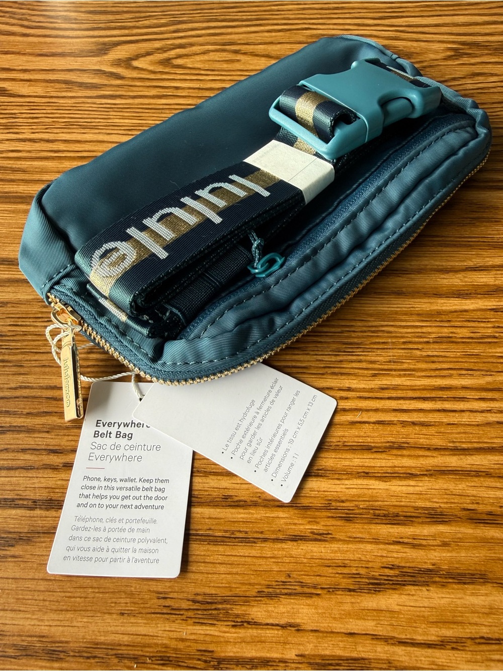 lululemon athletica Teal Everywhere Belt Bag with Black/Gold Strap